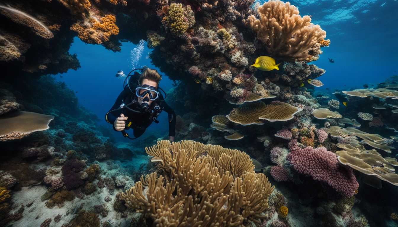 An advanced diver explores a vibrant coral reef in a bustling underwater atmosphere. An advanced diver explores a vibrant coral reef in a bustling underwater atmosphere.