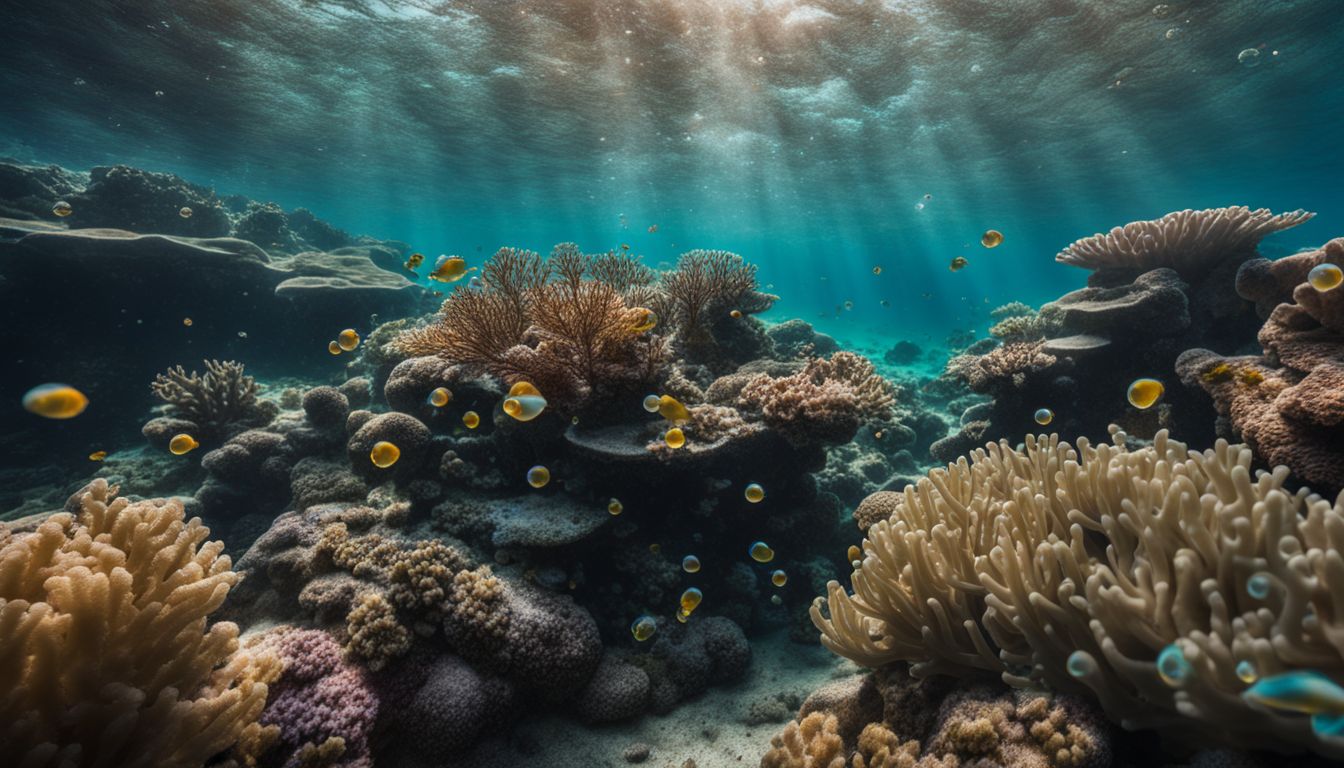 The image captures a vibrant and diverse underwater coral reef teaming with life and movement.