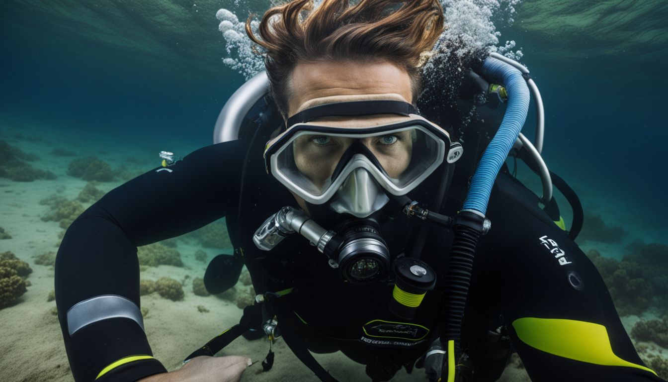 A scuba diver adjusts their gear underwater while a photographer captures the detailed and varied faces and outfits. A scuba diver adjusts their gear underwater while a photographer captures the detailed and varied faces and outfits.