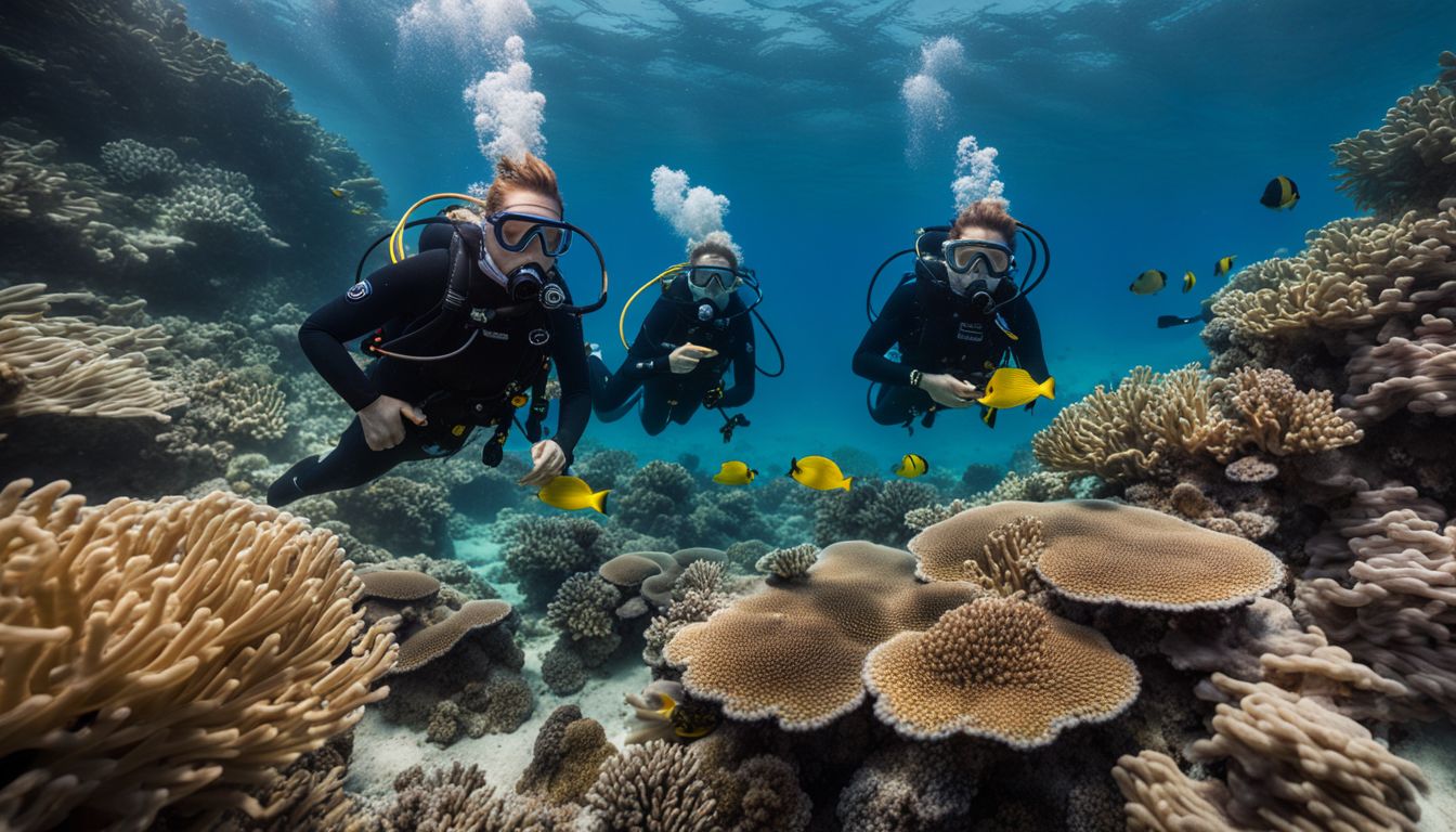 A diverse group of divers explores a vibrant coral reef in a bustling underwater atmosphere.