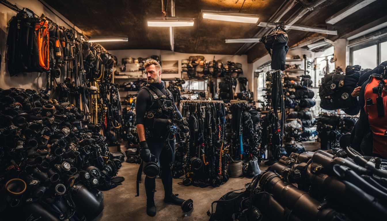 A diver inspects used scuba gear at a second-hand scuba equipment store. A diver inspects used scuba gear at a second-hand scuba equipment store.