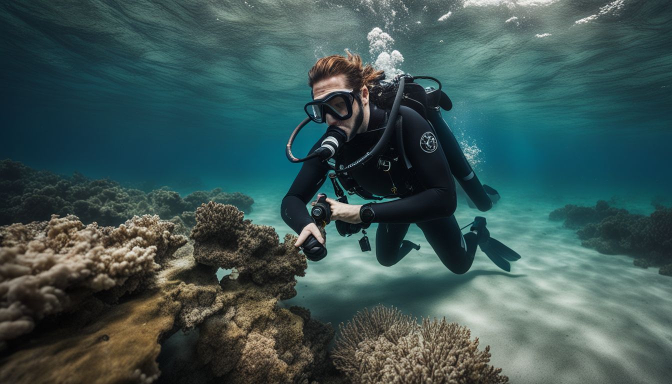 A scuba diver is cleaning scuba gear underwater, in a well-lit environment with a bustling atmosphere. A scuba diver is cleaning scuba gear underwater, in a well-lit environment with a bustling atmosphere.