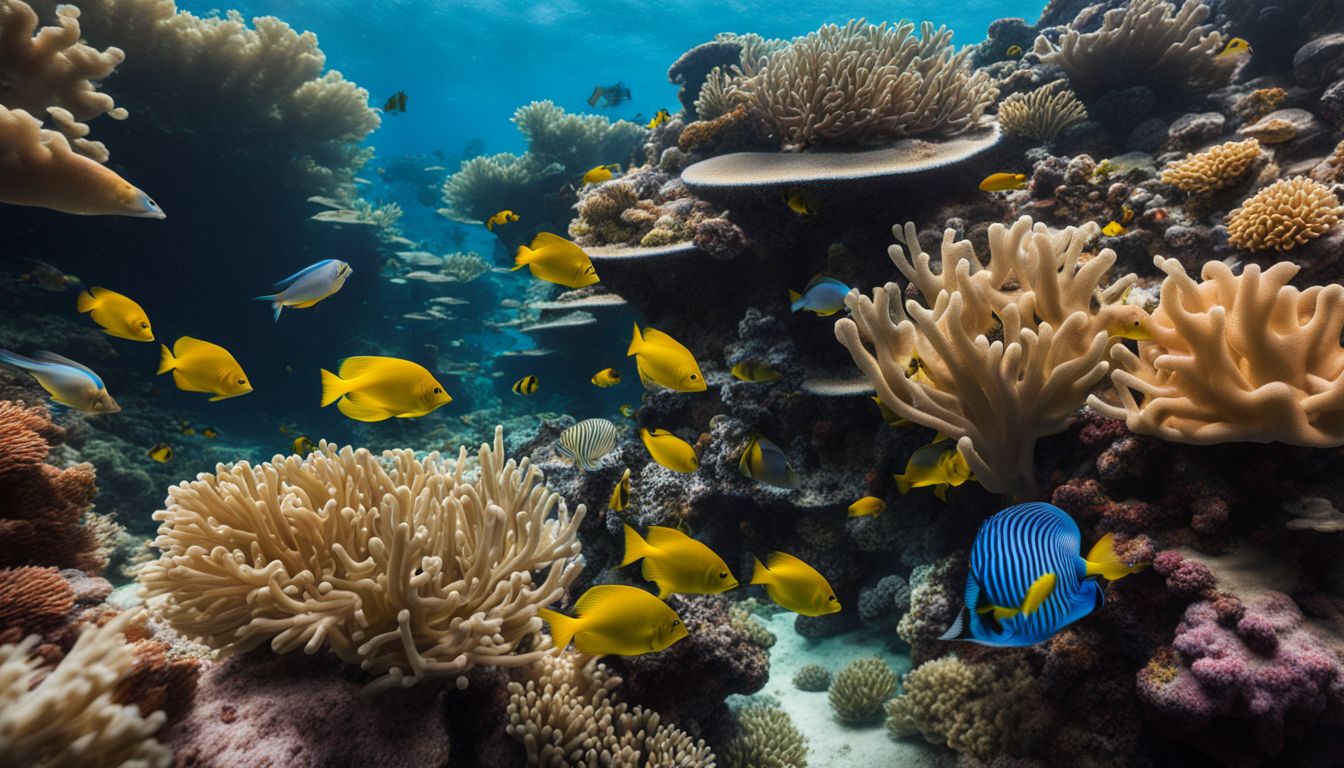 A vibrant coral reef teeming with a variety of colorful fish, captured in stunning detail and clarity.