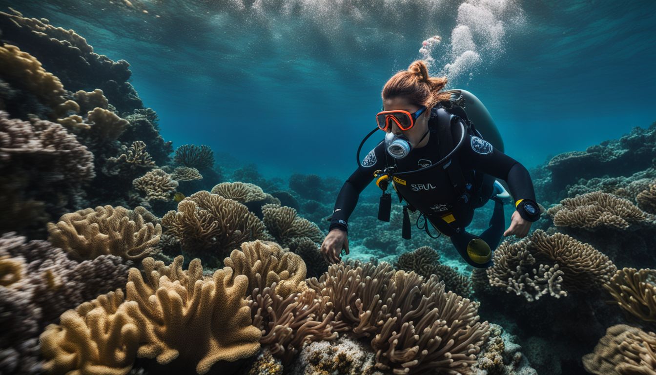 An underwater photograph featuring a vibrant coral reef and divers exploring the bustling marine environment. An underwater photograph featuring a vibrant coral reef and divers exploring the bustling marine environment.