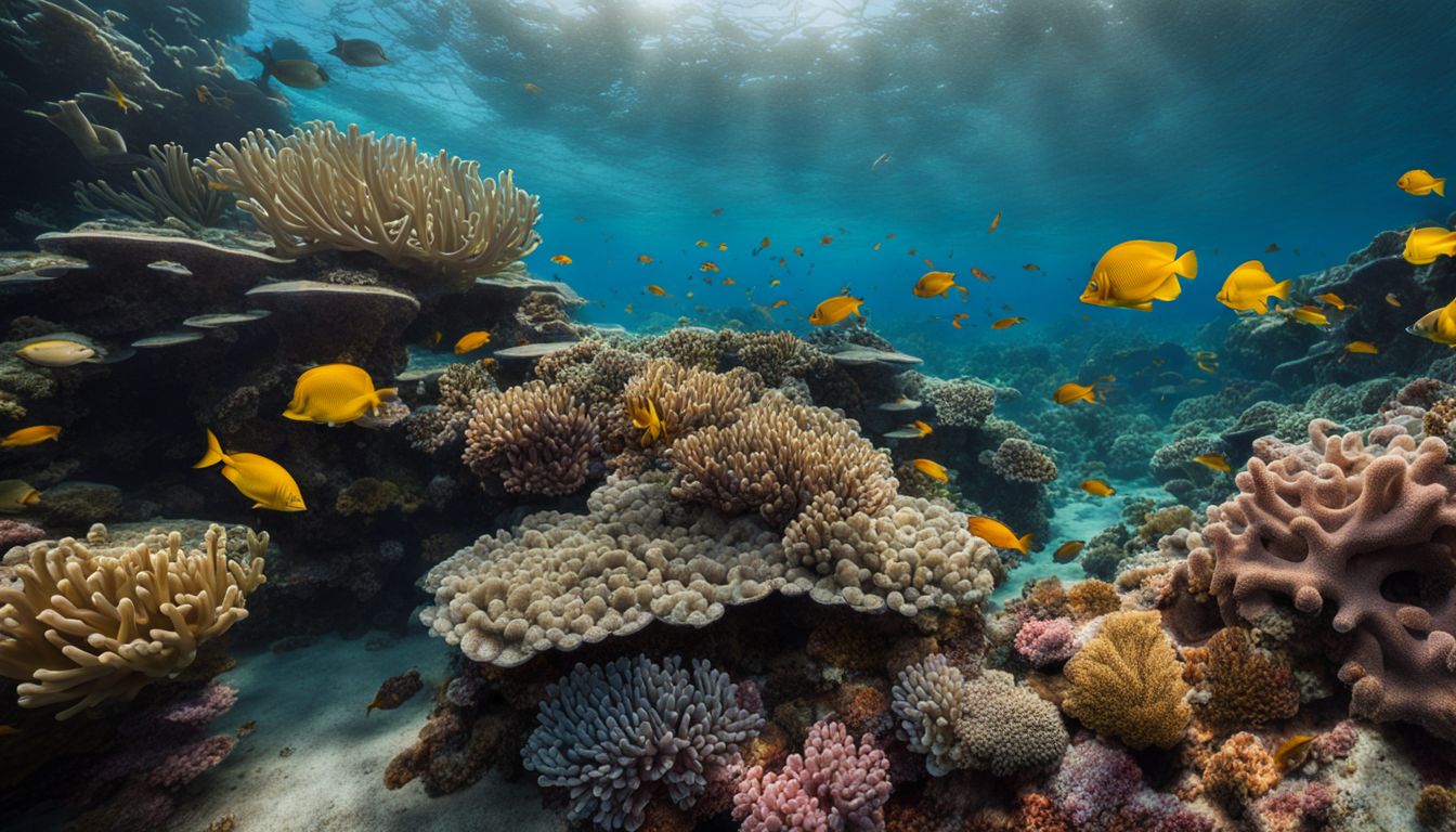 A vibrant coral reef teeming with colorful fish in a bustling underwater atmosphere. A vibrant coral reef teeming with colorful fish in a bustling underwater atmosphere.