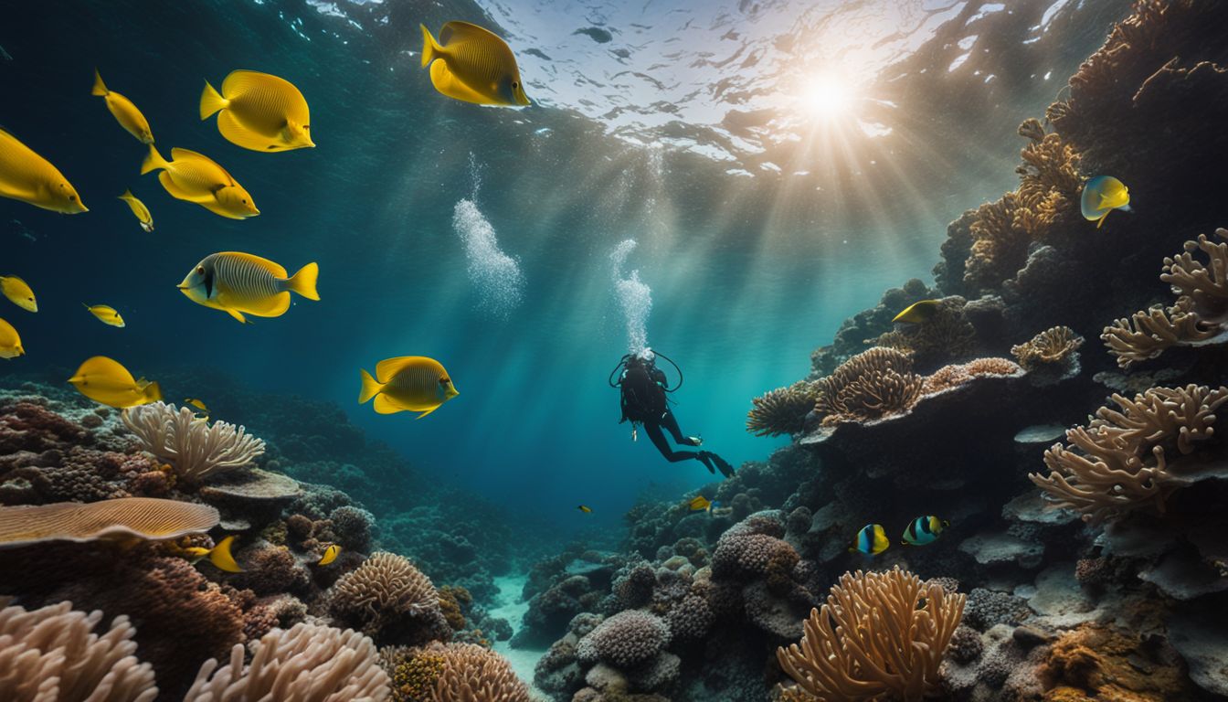 An underwater scene showcasing vibrant coral reefs, diverse marine life, and people with various appearances and styles. An underwater scene showcasing vibrant coral reefs, diverse marine life, and people with various appearances and styles.