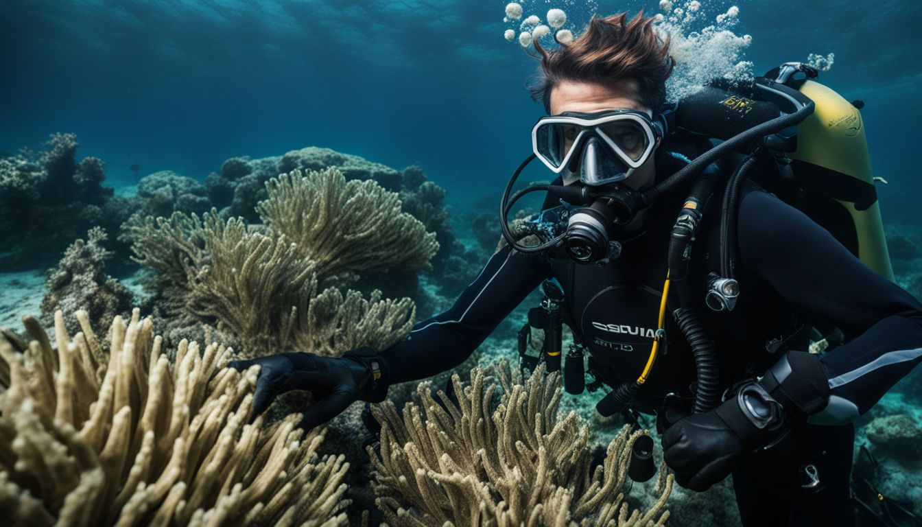A scuba diver inspects scuba gear while underwater, capturing vibrant photos with professional photography equipment. A scuba diver inspects scuba gear while underwater, capturing vibrant photos with professional photography equipment.