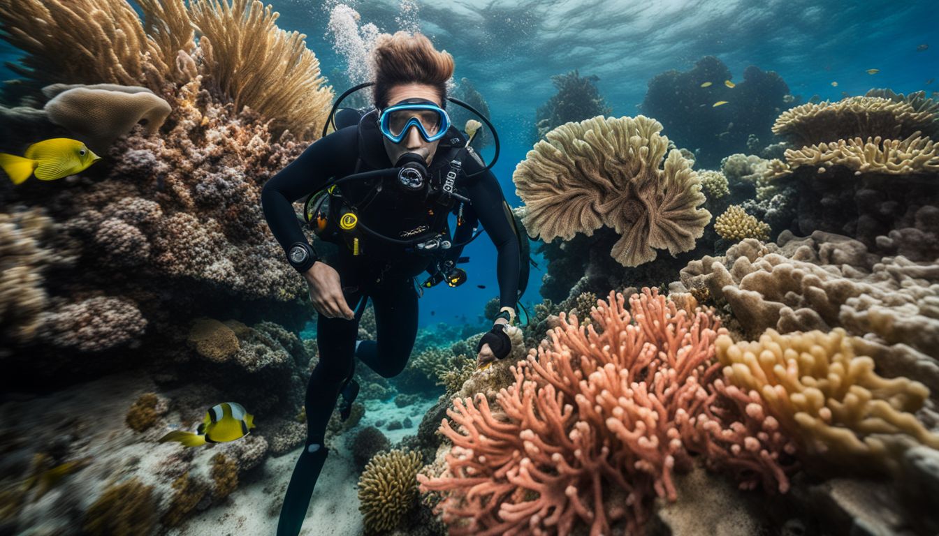 A scuba diver is exploring a vibrant coral reef, capturing underwater photos with different faces, hair styles, and outfits. A scuba diver is exploring a vibrant coral reef, capturing underwater photos with different faces, hair styles, and outfits.