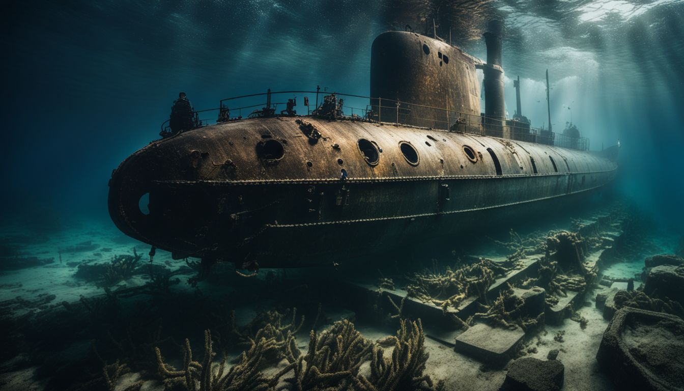 A submarine explores the underwater wreckage of the Titanic, capturing detailed and vibrant images. A submarine explores the underwater wreckage of the Titanic, capturing detailed and vibrant images.