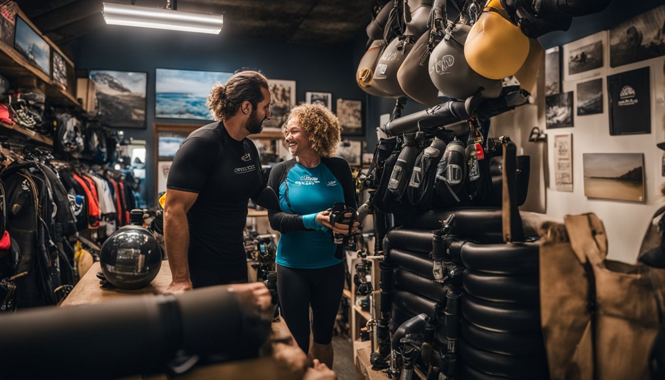 A scuba diver assists a dive shop employee by handing over a scuba tank. A scuba diver assists a dive shop employee by handing over a scuba tank.