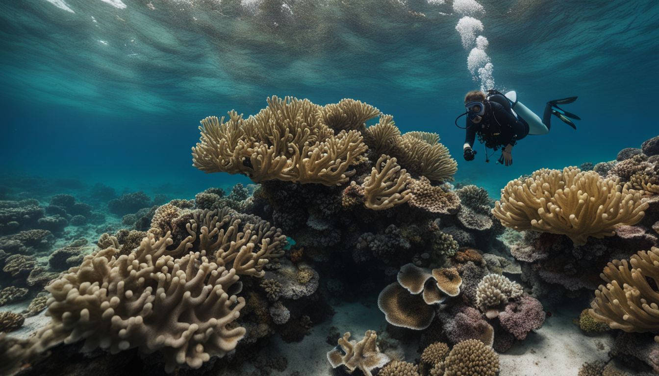 A marine biologist examines coral reefs underwater in a bustling atmosphere, captured in crystal clear detail. A marine biologist examines coral reefs underwater in a bustling atmosphere, captured in crystal clear detail.