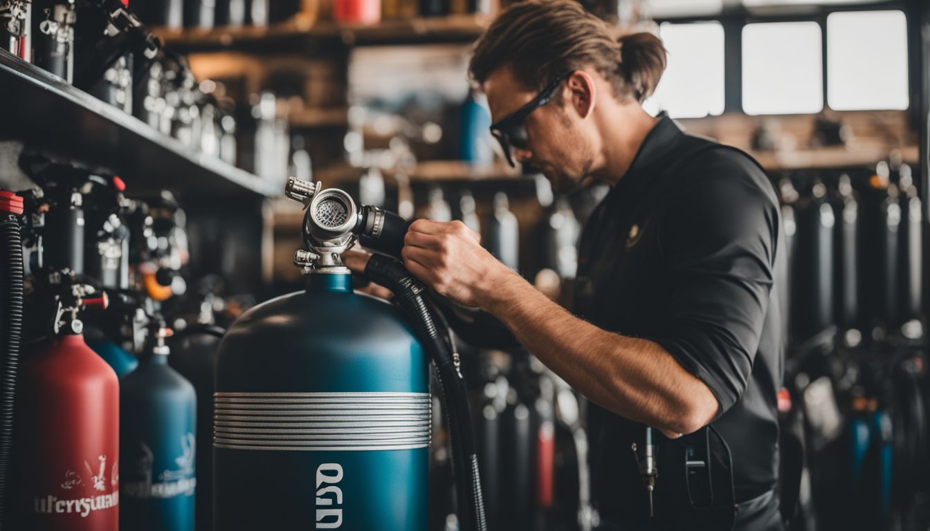 A photo of a scuba tank being filled at a dive shop with diverse people and well-lit surroundings.