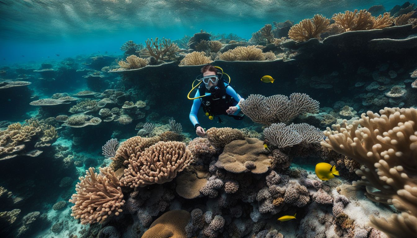 A diver explores a vibrant coral reef in clear blue waters, capturing the beauty of nature underwater.