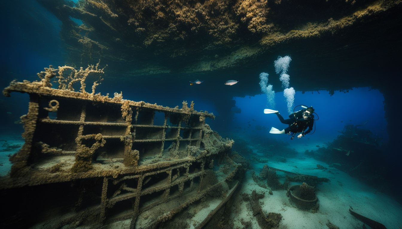 Scuba divers explore the preserved wreckage of the Titanic in a bustling underwater atmosphere. Scuba divers explore the preserved wreckage of the Titanic in a bustling underwater atmosphere.