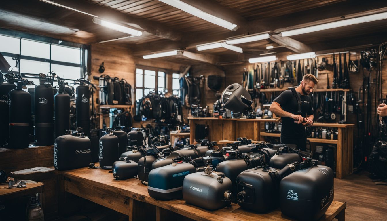 A photo of a scuba tank being filled at a dive shop surrounded by diving equipment and diverse individuals.