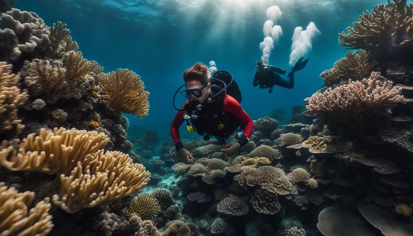 A diver explores a vibrant coral reef with various outfits and hairstyles, captured in high-resolution photography. A diver explores a vibrant coral reef with various outfits and hairstyles, captured in high-resolution photography.
