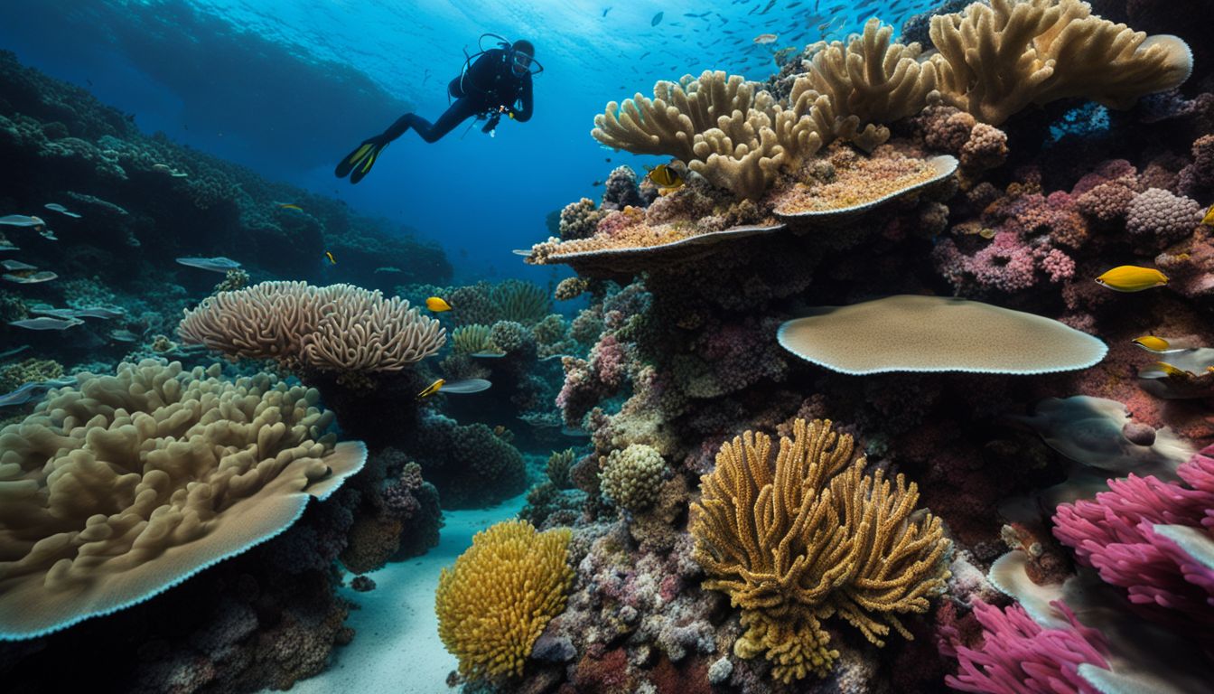 A photo of a diver surrounded by a vibrant coral reef, showcasing different faces, hairstyles, and outfits. A photo of a diver surrounded by a vibrant coral reef, showcasing different faces, hairstyles, and outfits.