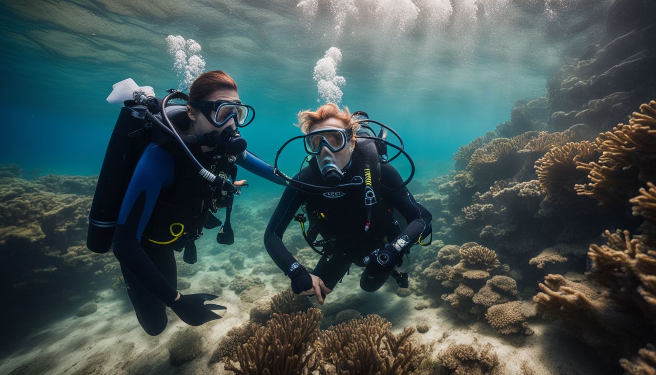 A diver inspects scuba gear with a diving instructor underwater in a bustling atmosphere. A diver inspects scuba gear with a diving instructor underwater in a bustling atmosphere.