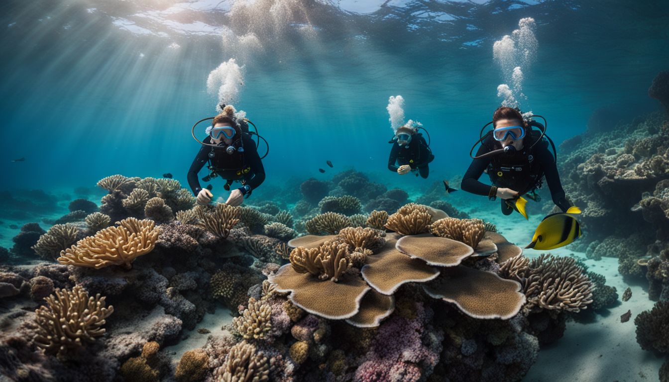 A diverse group of divers explore a vibrant coral reef in crystal clear water. A diverse group of divers explore a vibrant coral reef in crystal clear water.
