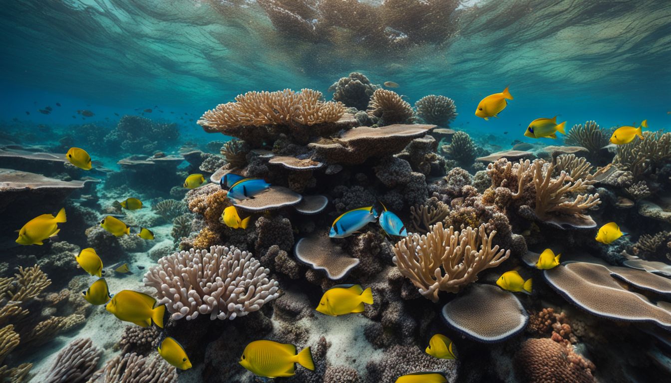 A photo of a vibrant coral reef teeming with marine life, featuring diverse individuals in various outfits and hairstyles. A photo of a vibrant coral reef teeming with marine life, featuring diverse individuals in various outfits and hairstyles.