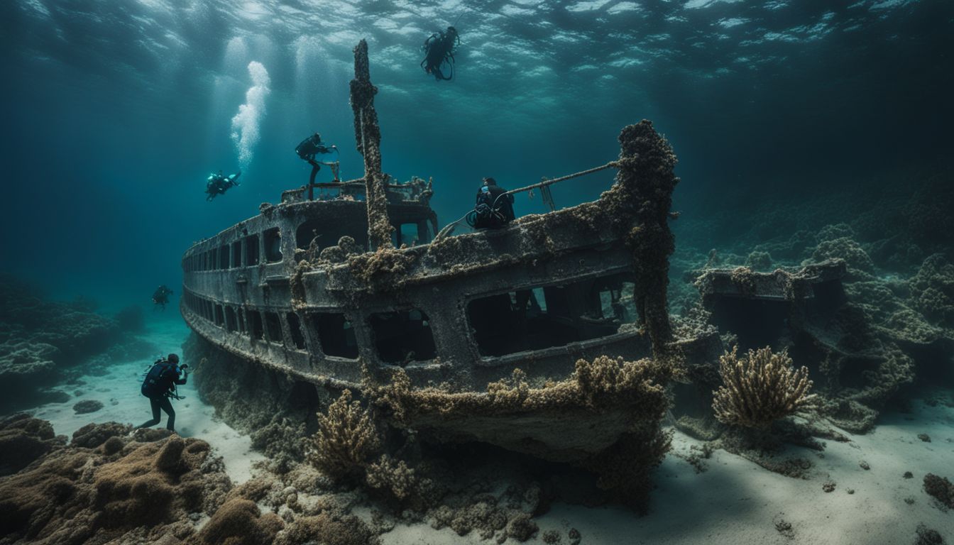 Divers explore an underwater wreck, capturing the beauty and details with high-quality photography equipment. Divers explore an underwater wreck, capturing the beauty and details with high-quality photography equipment.