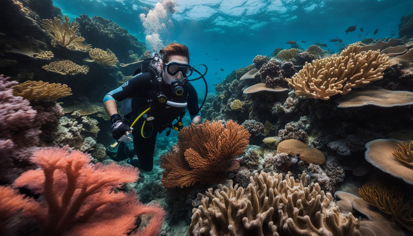 A scuba diver exploring a vibrant coral reef with different divers, varied hairstyles, and outfits.