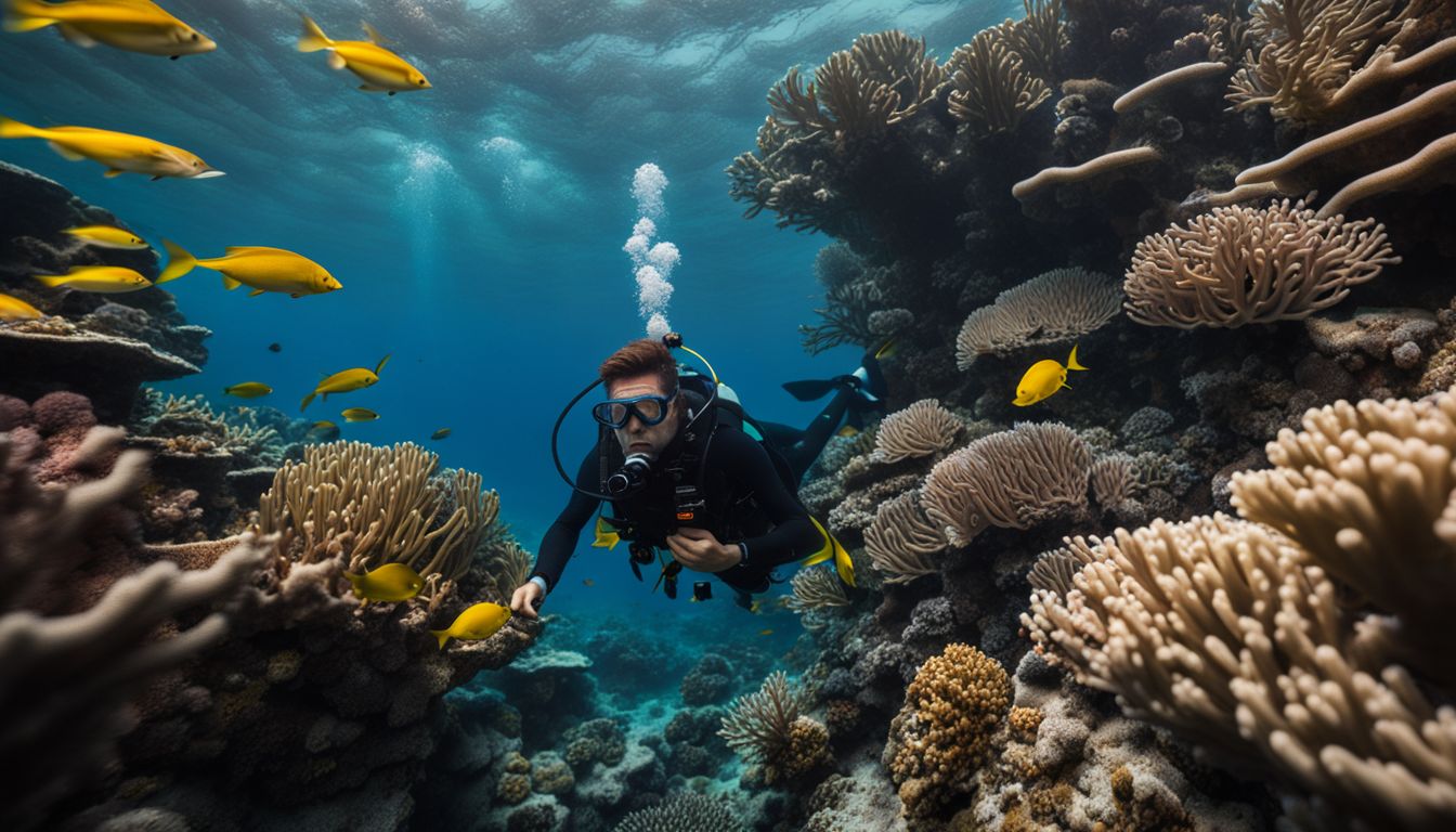 A diver explores a vibrant coral reef, capturing the beauty of nature through underwater photography. A diver explores a vibrant coral reef, capturing the beauty of nature through underwater photography.