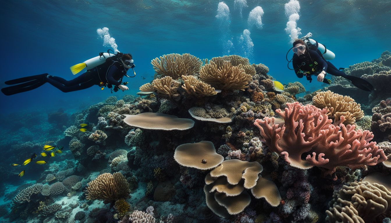 A diverse group of certified divers explores a vibrant coral reef in crystal clear waters.
